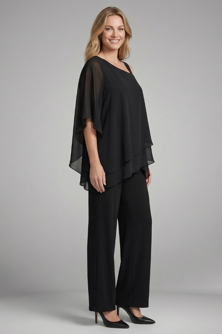 Women’s Two Piece Set with Asymmetrical Top and Wide Leg Trousers