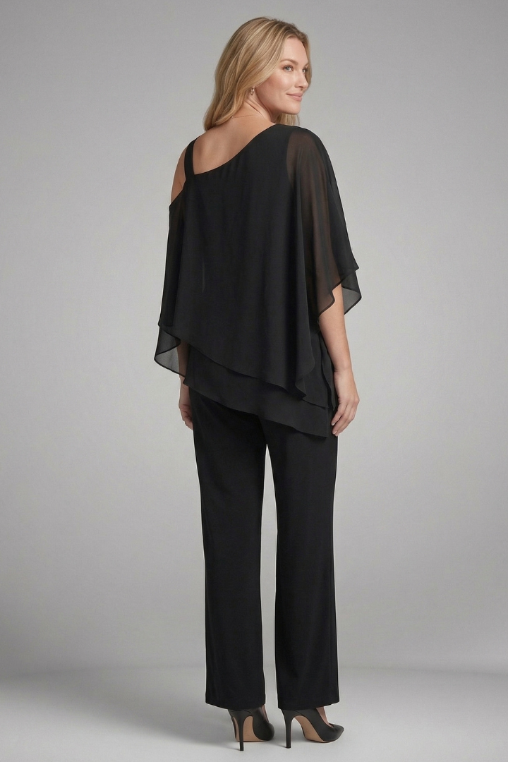 Women’s Two Piece Set with Asymmetrical Top and Wide Leg Trousers
