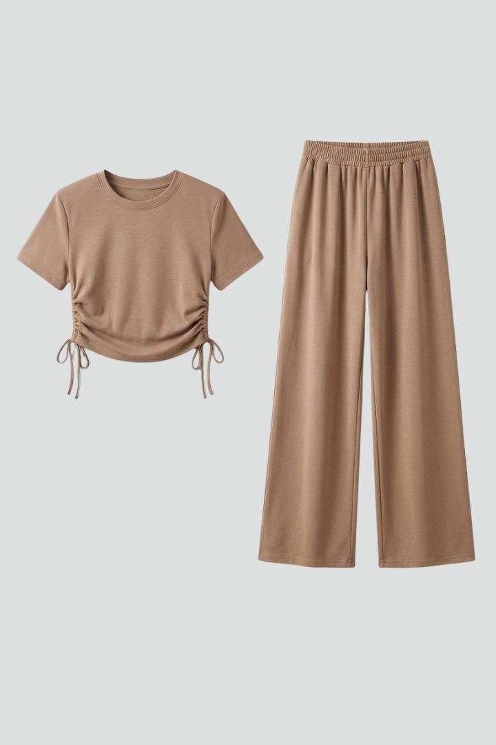 Women’s Two Piece Set with Short Sleeve Top and Wide Leg Trousers