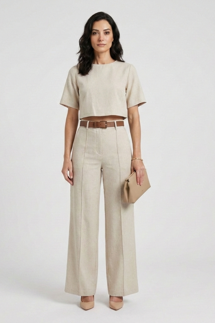 Women’s Two Piece Set with Short Sleeve Top and Wide Leg Trousers