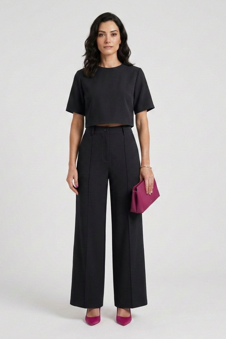 Women’s Two Piece Set with Short Sleeve Top and Wide Leg Trousers