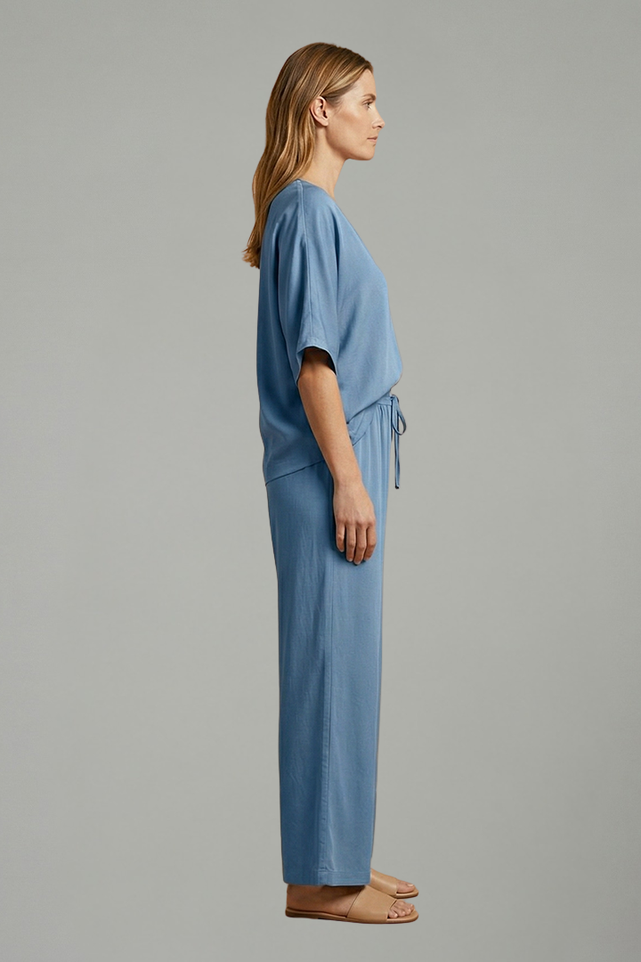 Women’s Two Piece Trousers Set with V Neck and Wide Leg