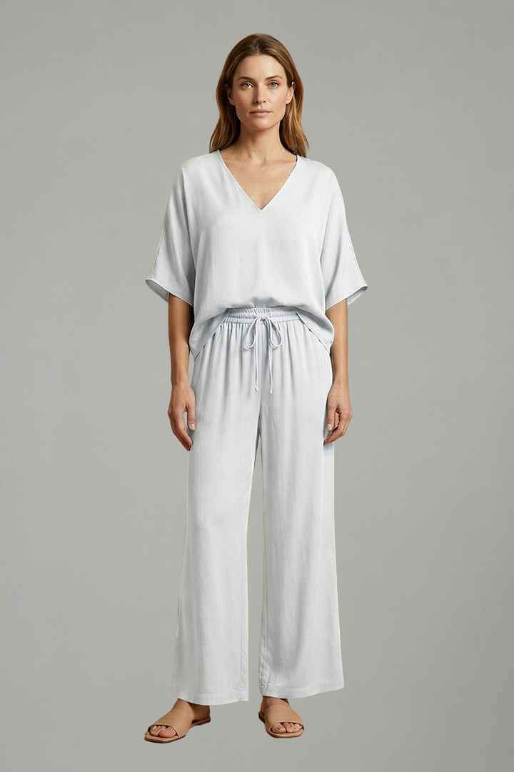 Women’s Two Piece Trousers Set with V Neck and Wide Leg