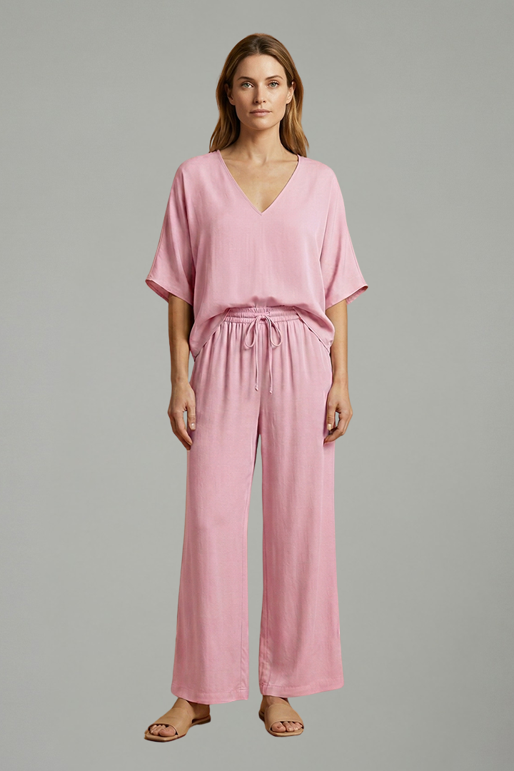 Women’s Two Piece Trousers Set with V Neck and Wide Leg