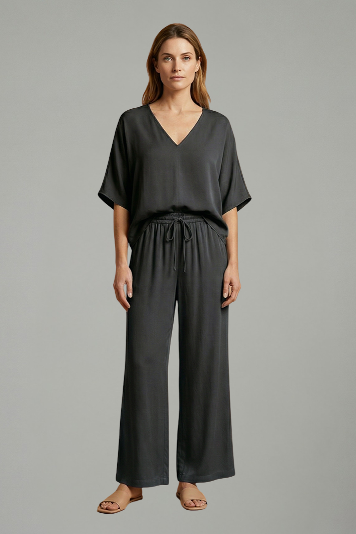 Women’s Two Piece Trousers Set with V Neck and Wide Leg