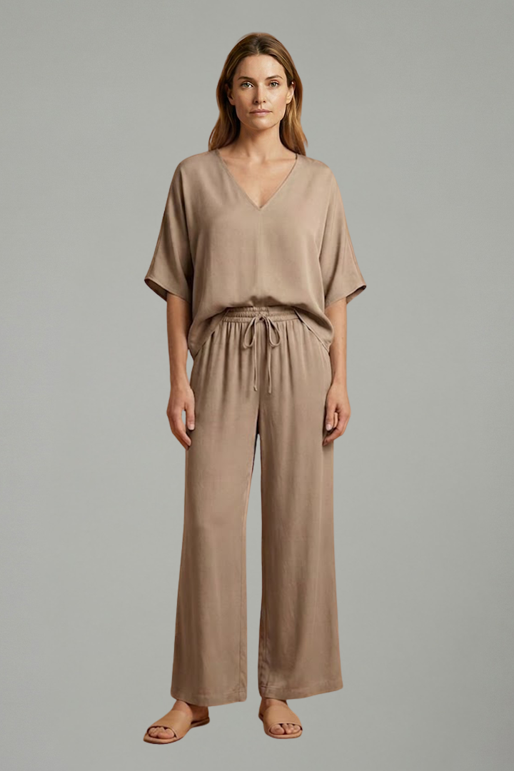 Women’s Two Piece Trousers Set with V Neck and Wide Leg