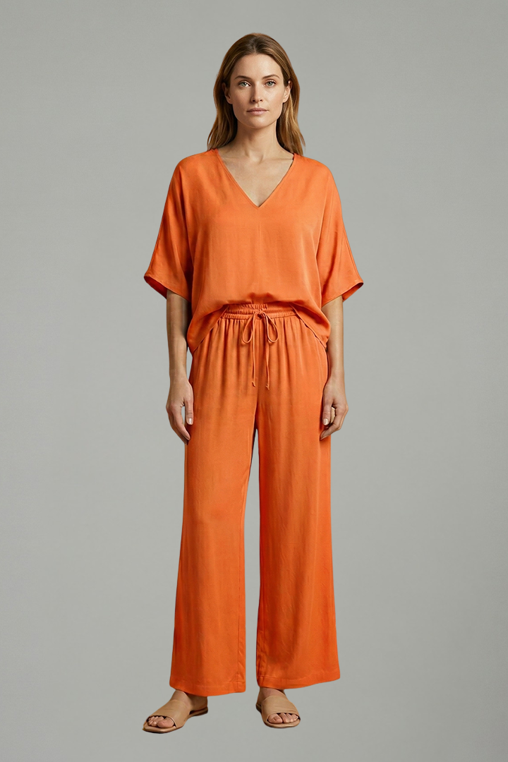 Women’s Two Piece Trousers Set with V Neck and Wide Leg