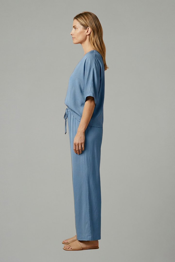Women’s Two Piece Trousers Set with V Neck and Wide Leg