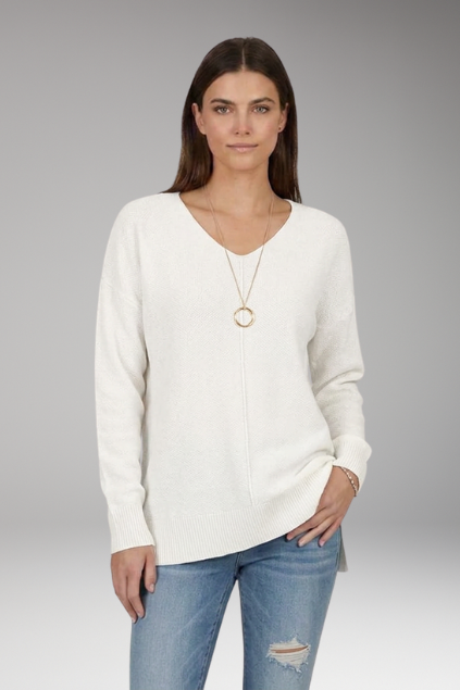 Women’s V-Neck Textured Knit Sweater with Chevron Pattern and Long Sleeves