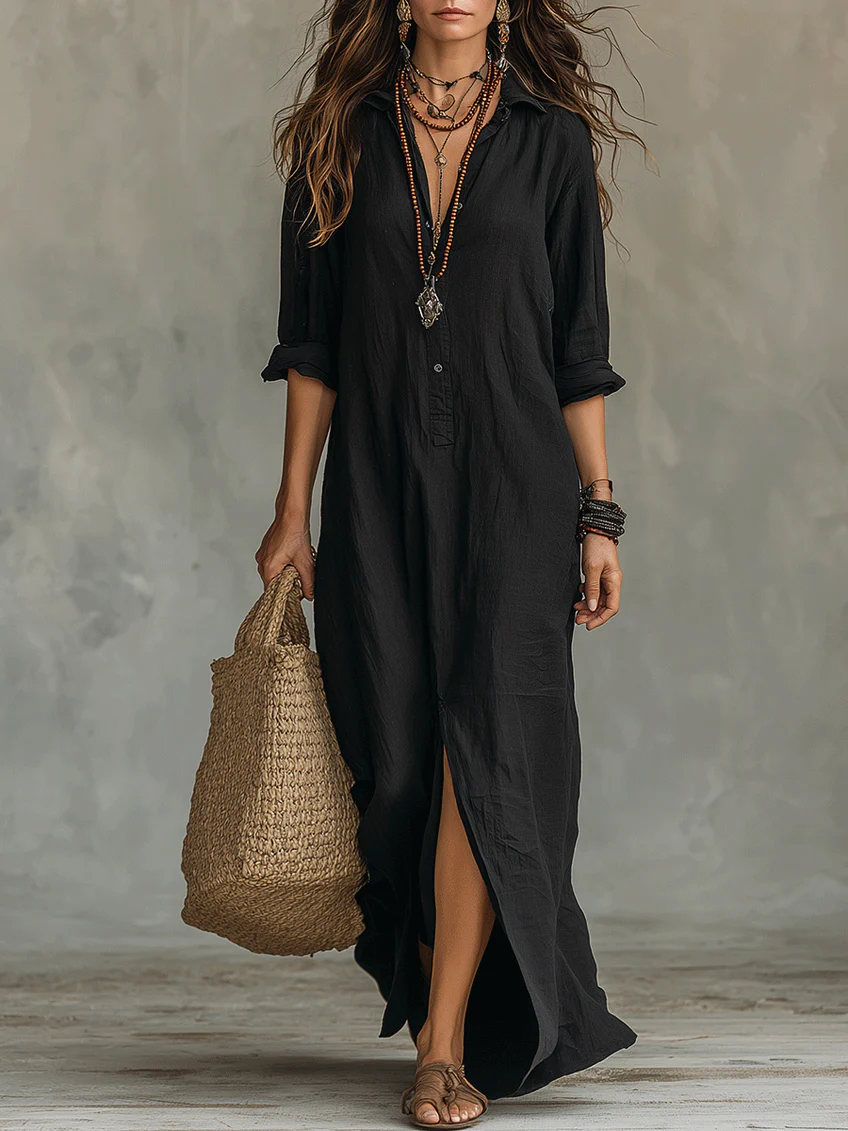 Selene loose maxi dress with button details from THE WHITMORE FAMILY, flowing fabric and relaxed fit, shown on a model.