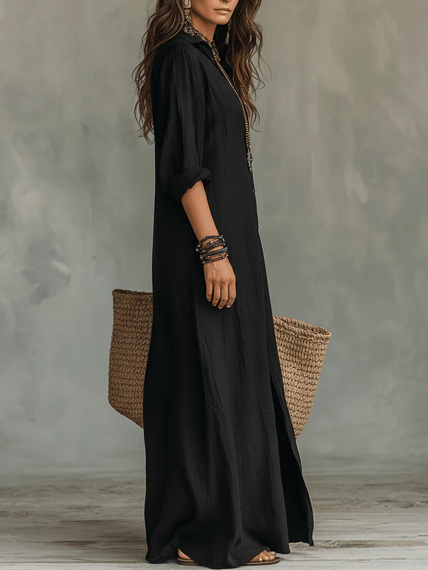 Selene loose maxi dress with button details, flowing fabric, and elegant design by THE WHITMORE FAMILY.