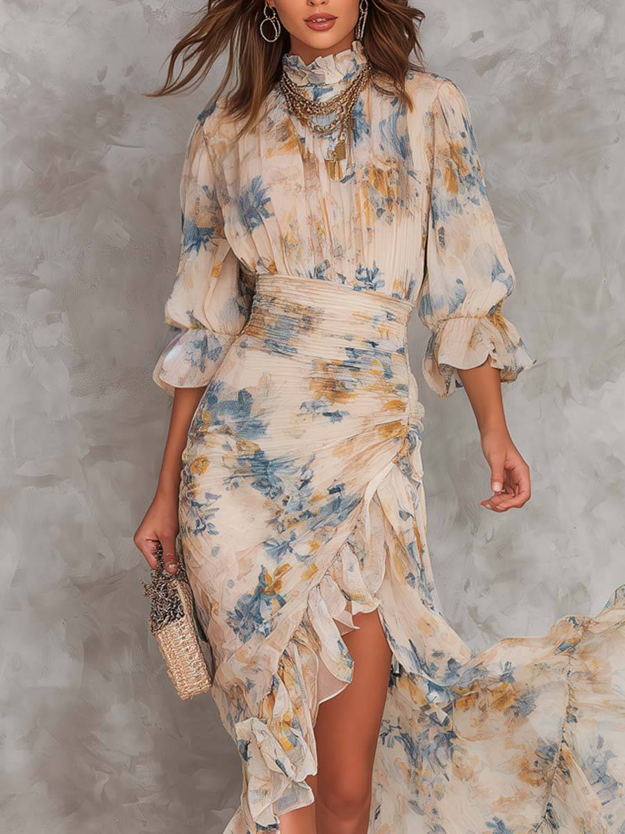 Floral maxi dress by THE WHITMORE FAMILY, featuring a flowing design and vibrant floral pattern, shown on a model.