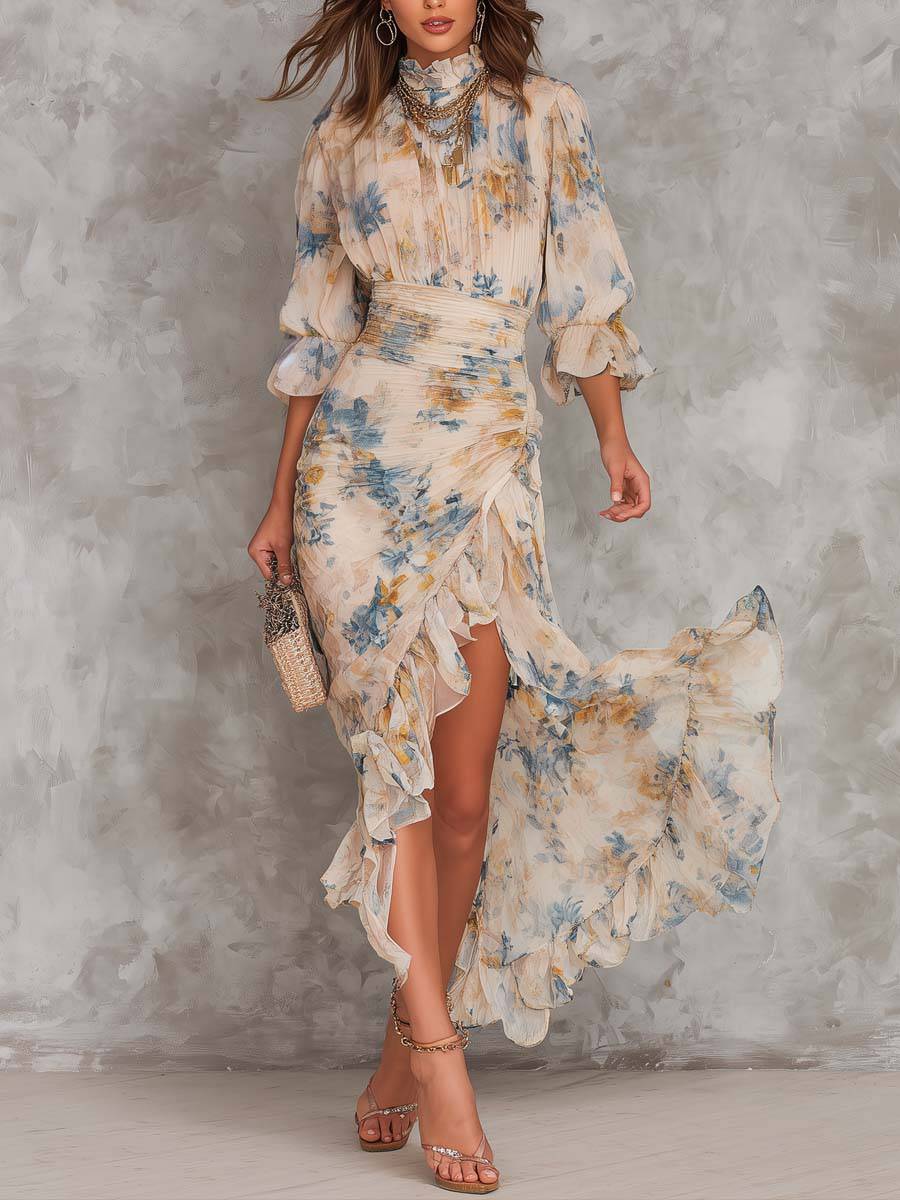 Yellow floral maxi dress from THE WHITMORE FAMILY's Cora collection, featuring a flowing silhouette and vibrant flower patterns.