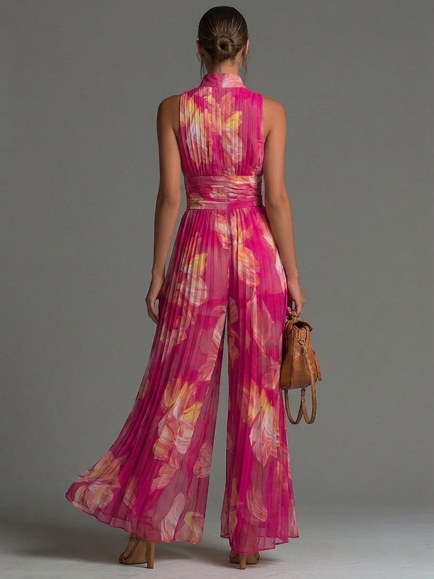 Fuchsia floral pleated chiffon jumpsuit by THE WHITMORE FAMILY, featuring a stylish, flowing design and elegant fit.