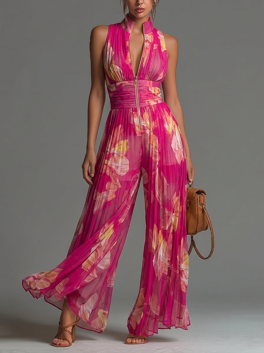 Fuchsia floral chiffon Serafina jumpsuit by THE WHITMORE FAMILY with pleated design, sleeveless style, and flowing wide-leg pants.