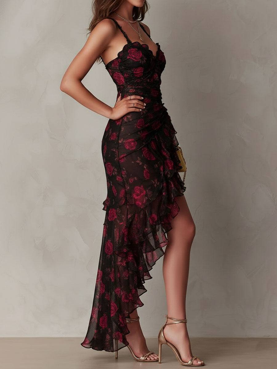 Lane floral ruched hem dress by THE WHITMORE FAMILY featuring a vibrant floral pattern and a ruched hem detail.