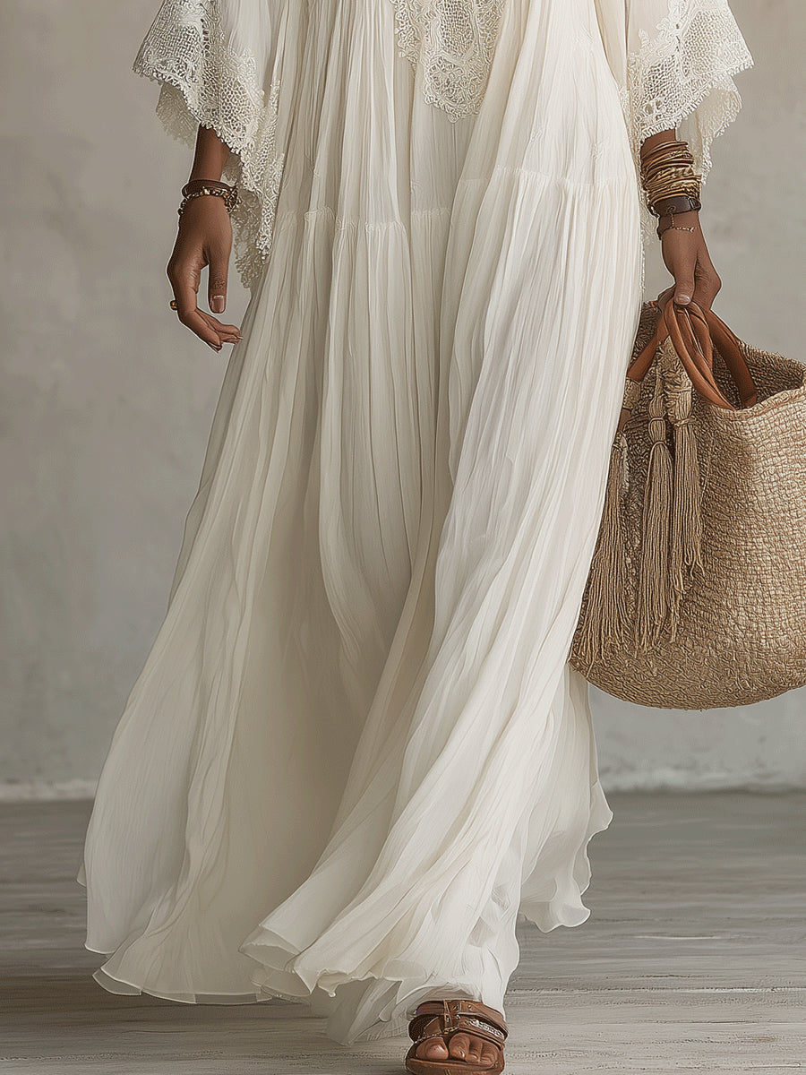 Celeste | Long Ivory Chiffon and Lace Dress