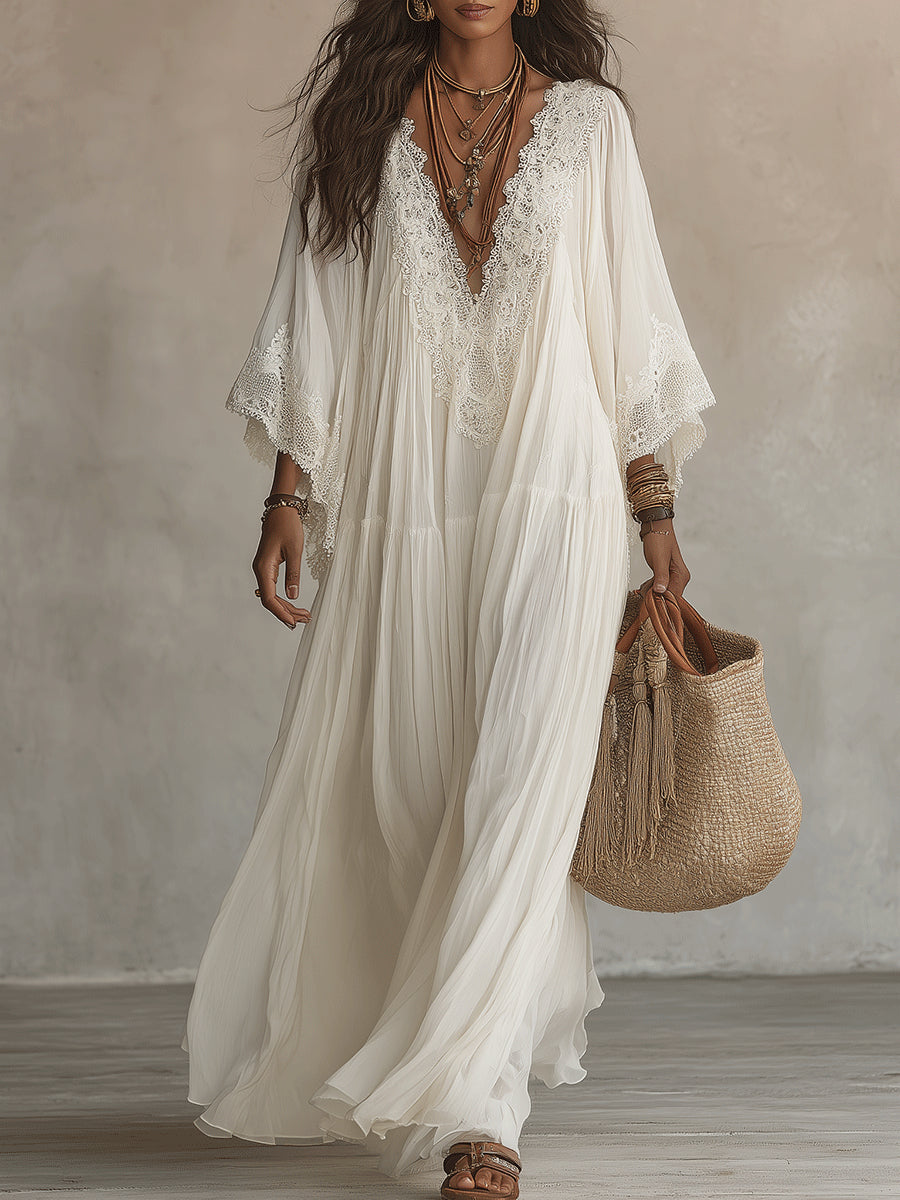 Celeste | Long Ivory Chiffon and Lace Dress