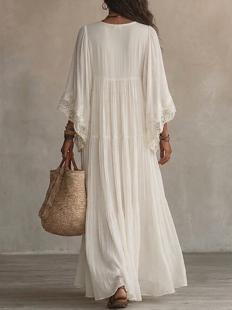 Celeste | Long Ivory Chiffon and Lace Dress