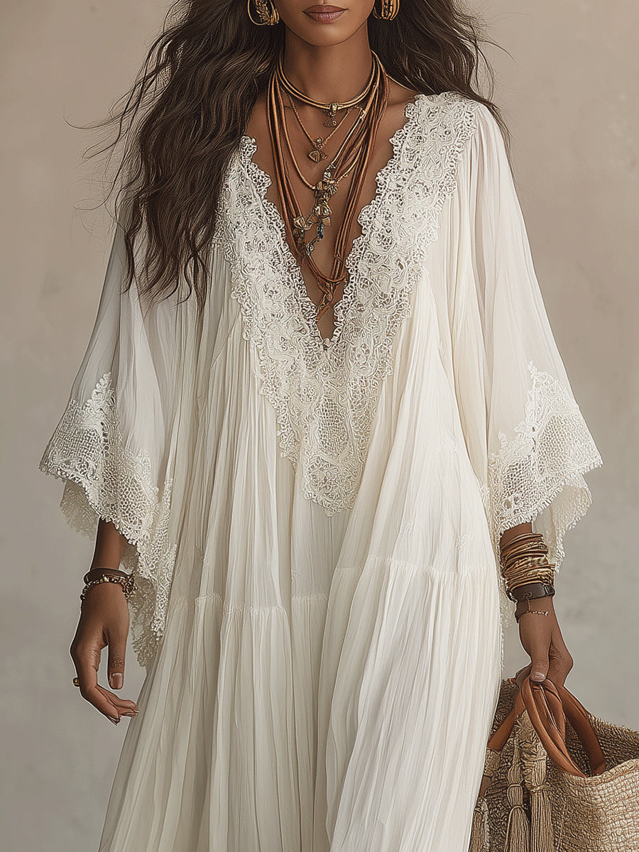 Celeste | Long Ivory Chiffon and Lace Dress