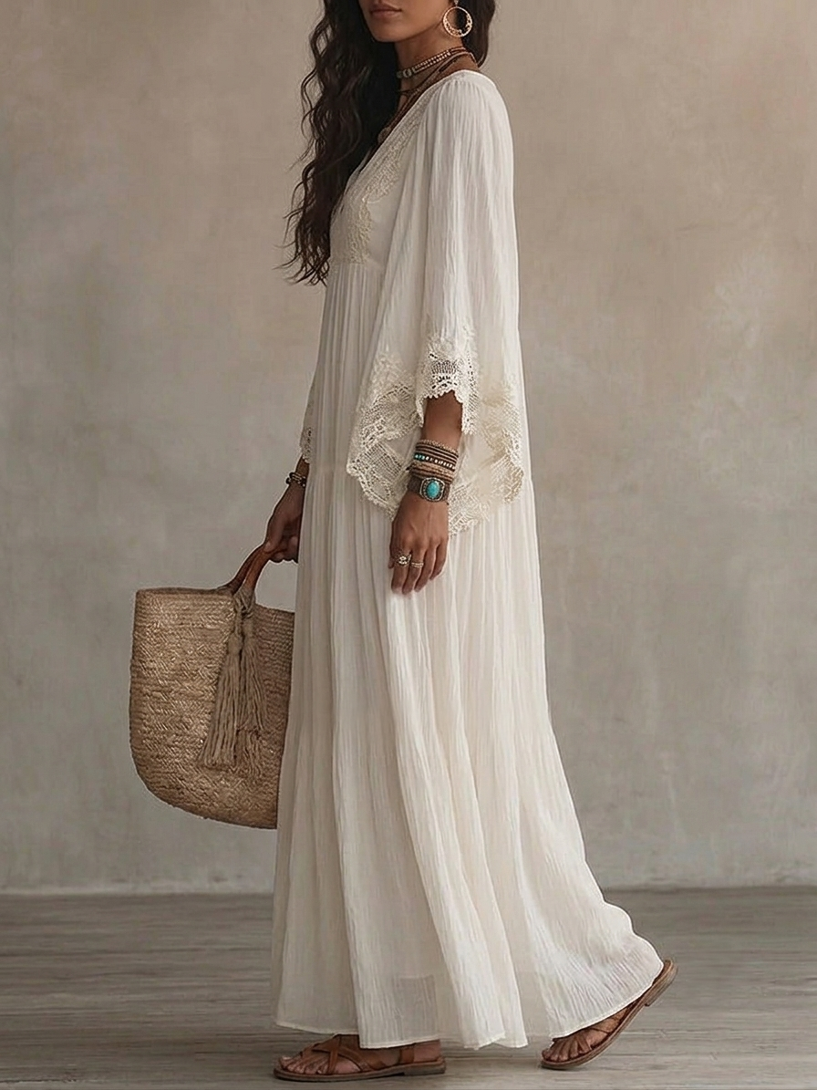 Celeste | Long Ivory Chiffon and Lace Dress