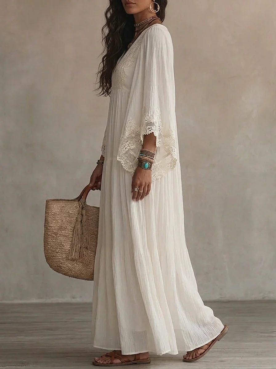 Celeste | Long Ivory Chiffon and Lace Dress