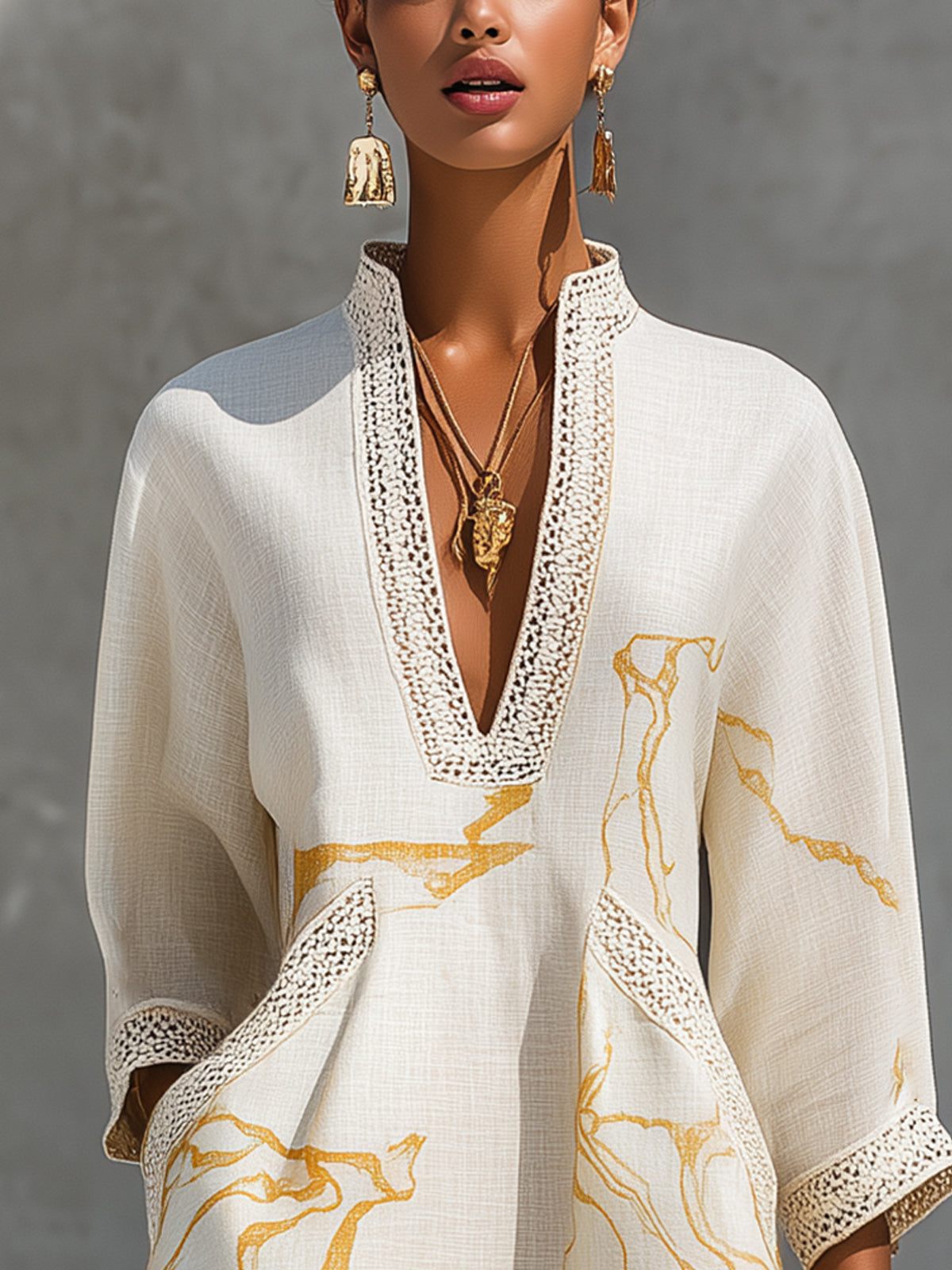Aliénor | Ivory Mini Dress in Crocheted Lace with Golden Patterns and V-Neck