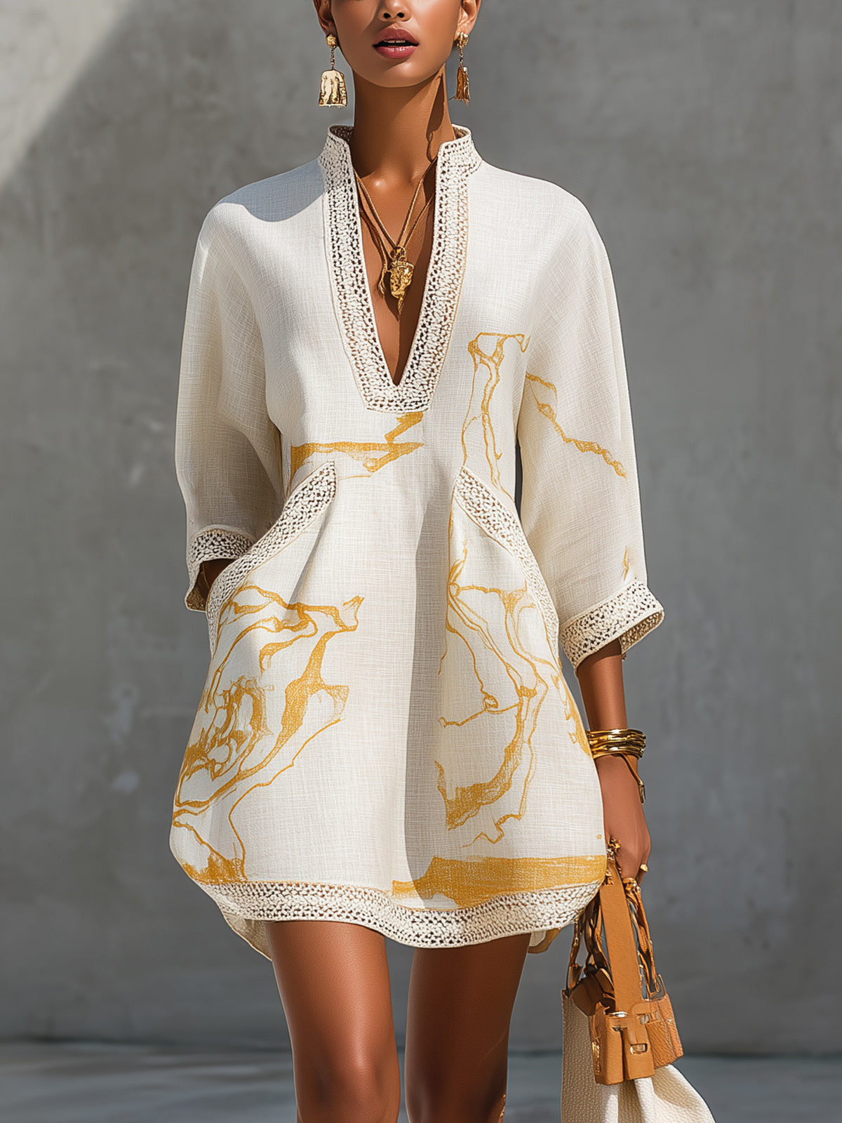 Aliénor | Ivory Mini Dress in Crocheted Lace with Golden Patterns and V-Neck