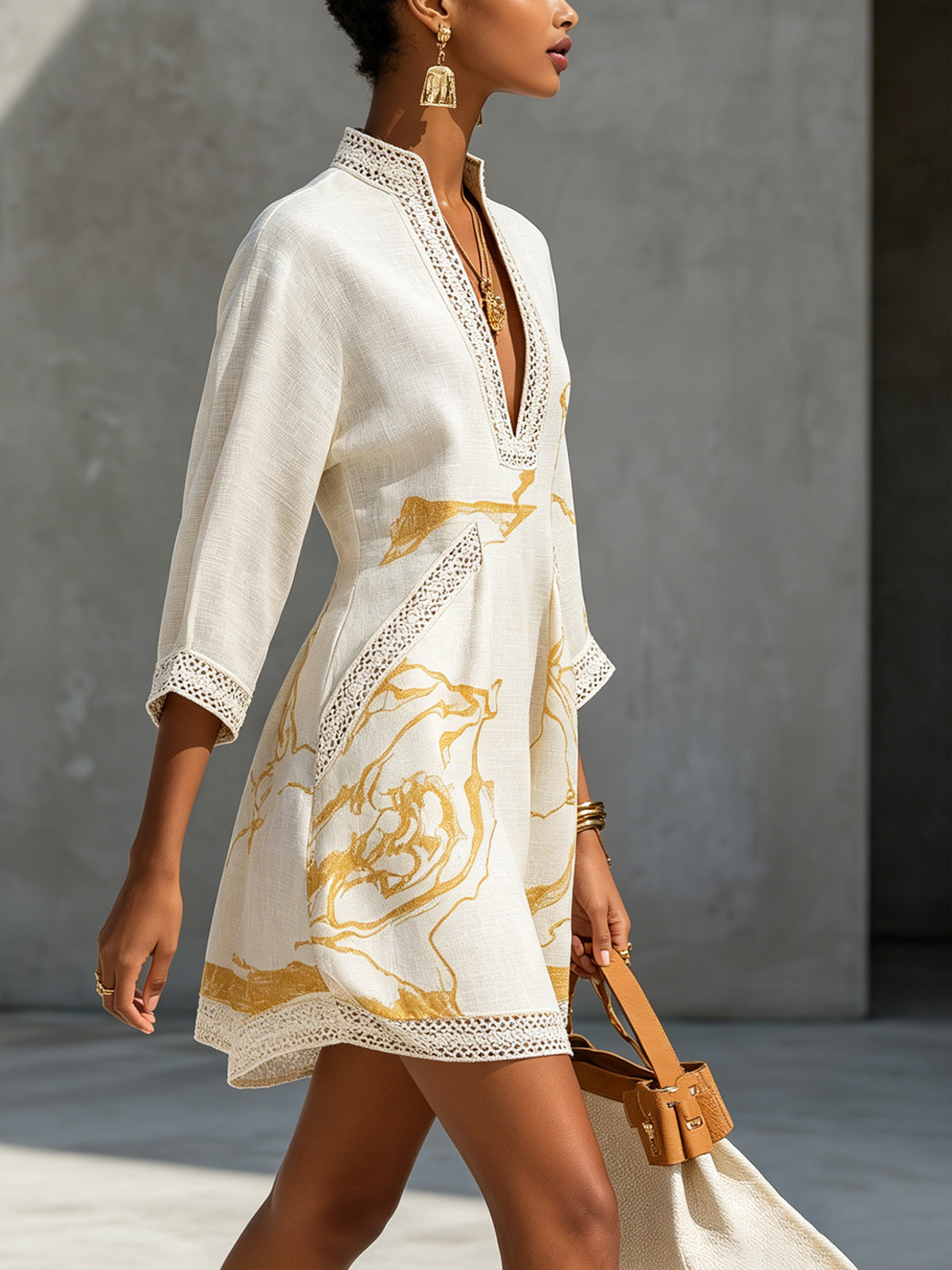 Aliénor | Ivory Mini Dress in Crocheted Lace with Golden Patterns and V-Neck