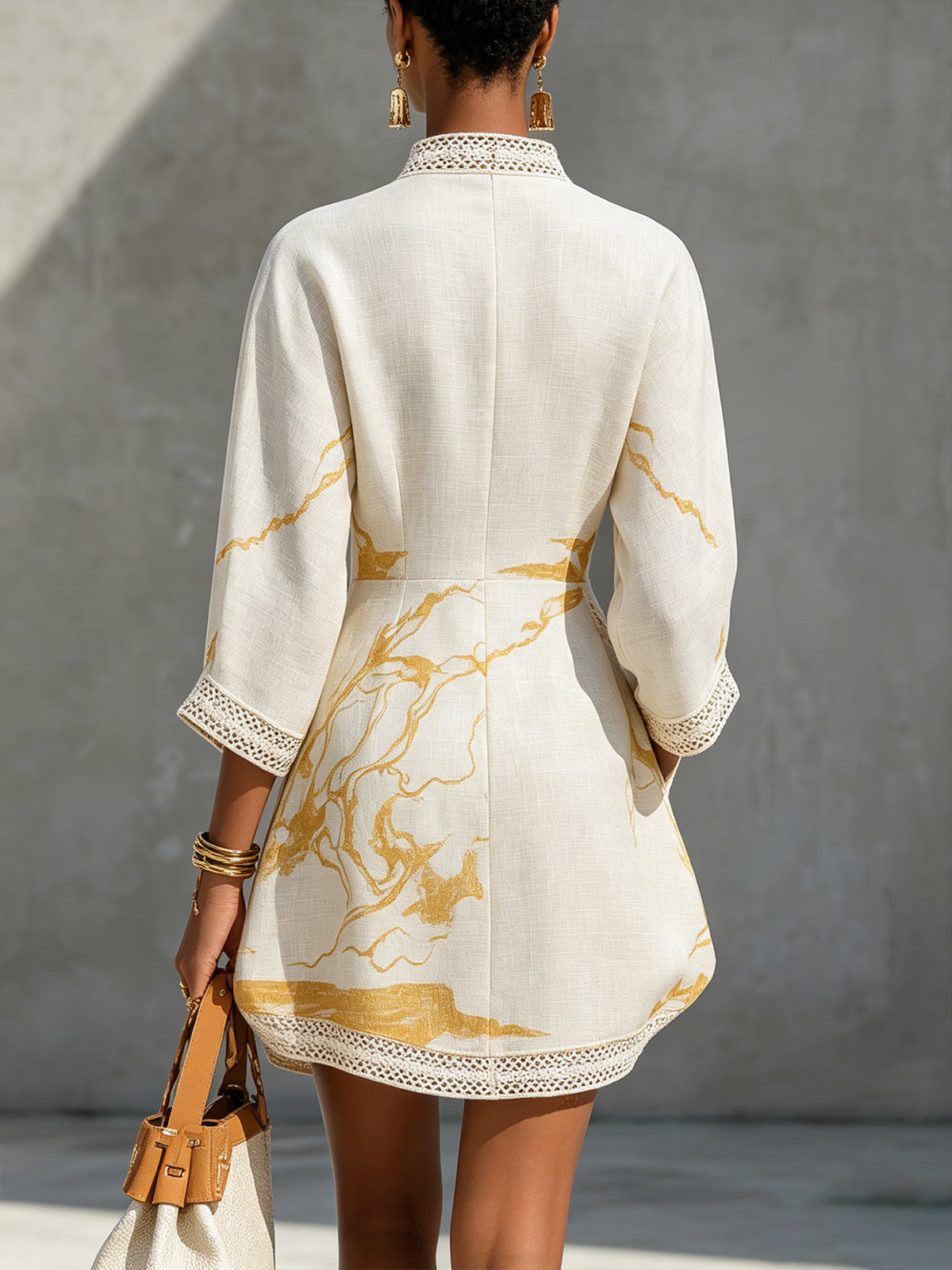 Aliénor | Ivory Mini Dress in Crocheted Lace with Golden Patterns and V-Neck