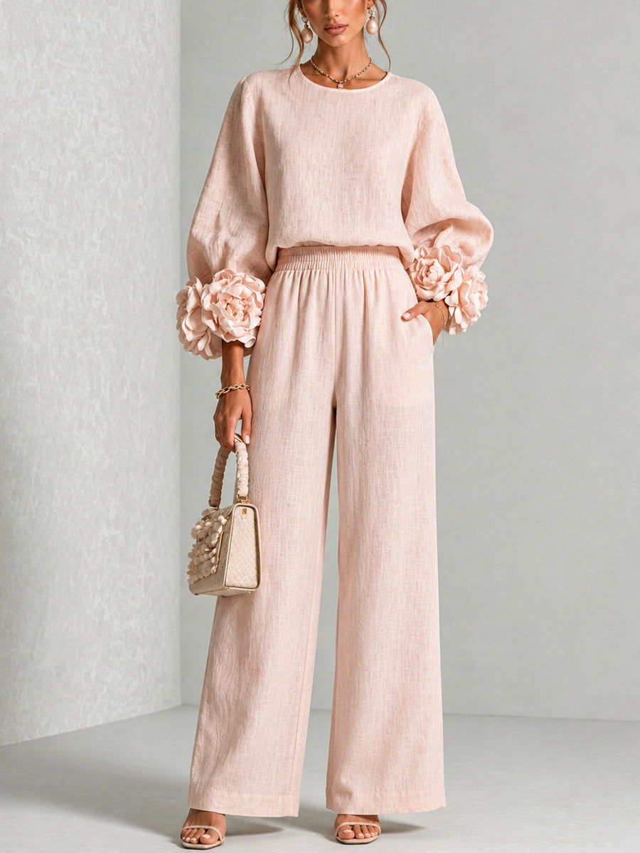Pink floral cuff two-piece set from THE WHITMORE FAMILY's ROSALIE collection, featuring a matching top and accessories.