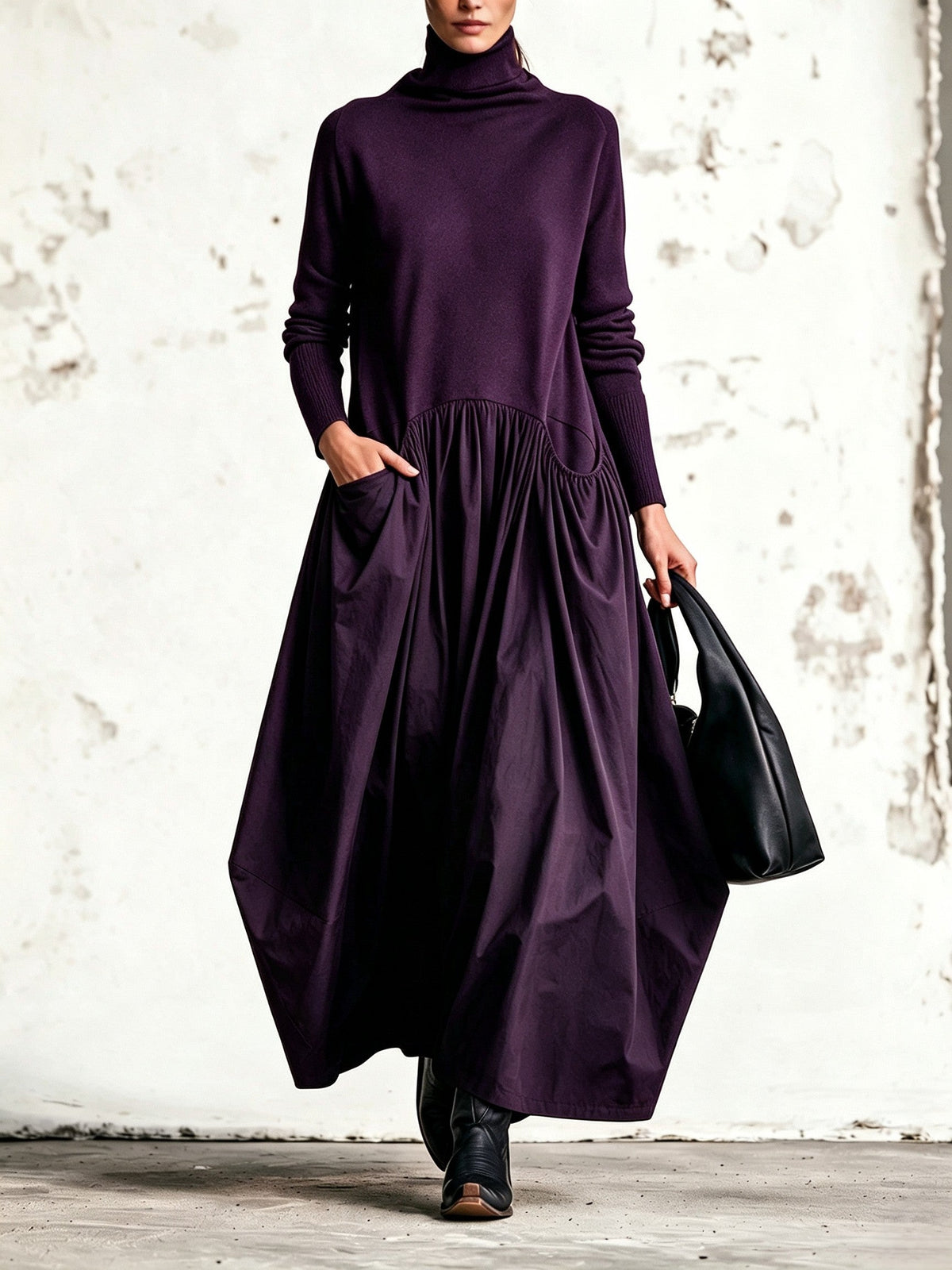 Celinne | Oversized black long dress with high collar