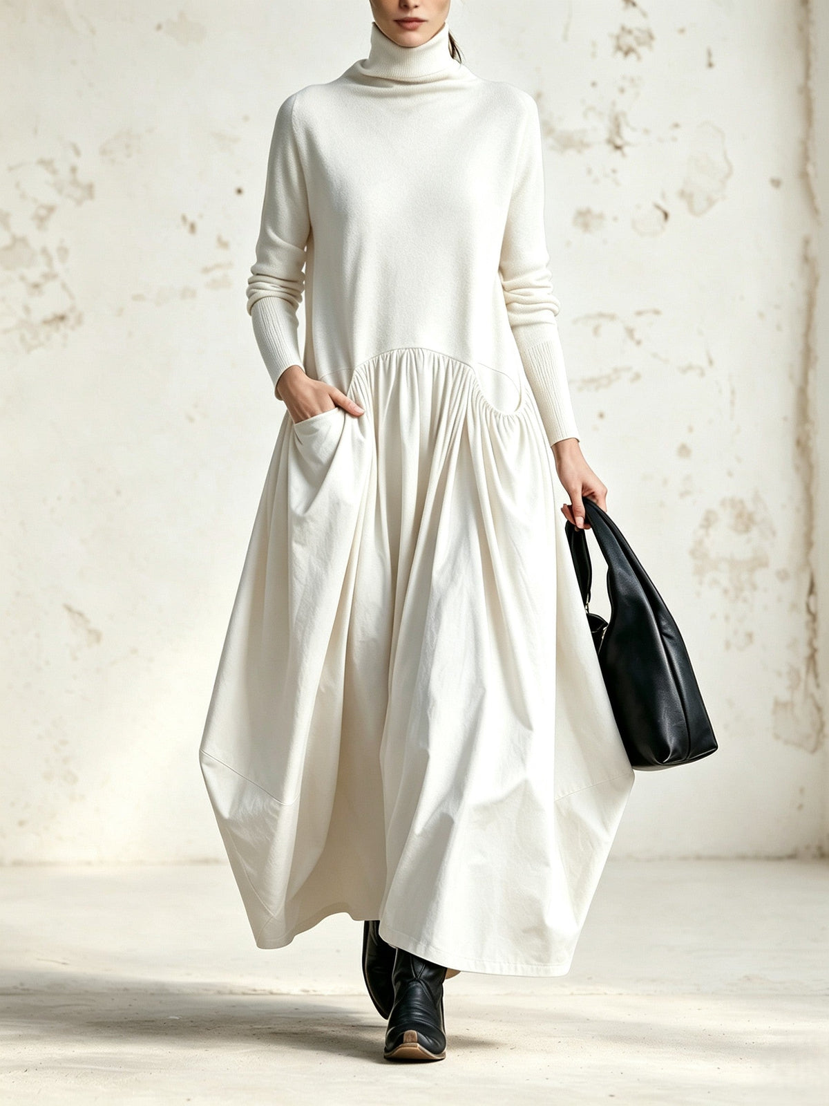 Celinne | Oversized black long dress with high collar