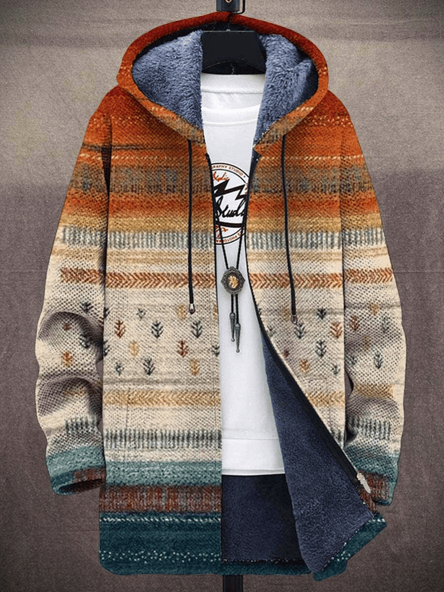 Luxurious artistic hooded cardigan coat by THE WHITMORE FAMILY, featuring a stylish design and cozy knit fabric.