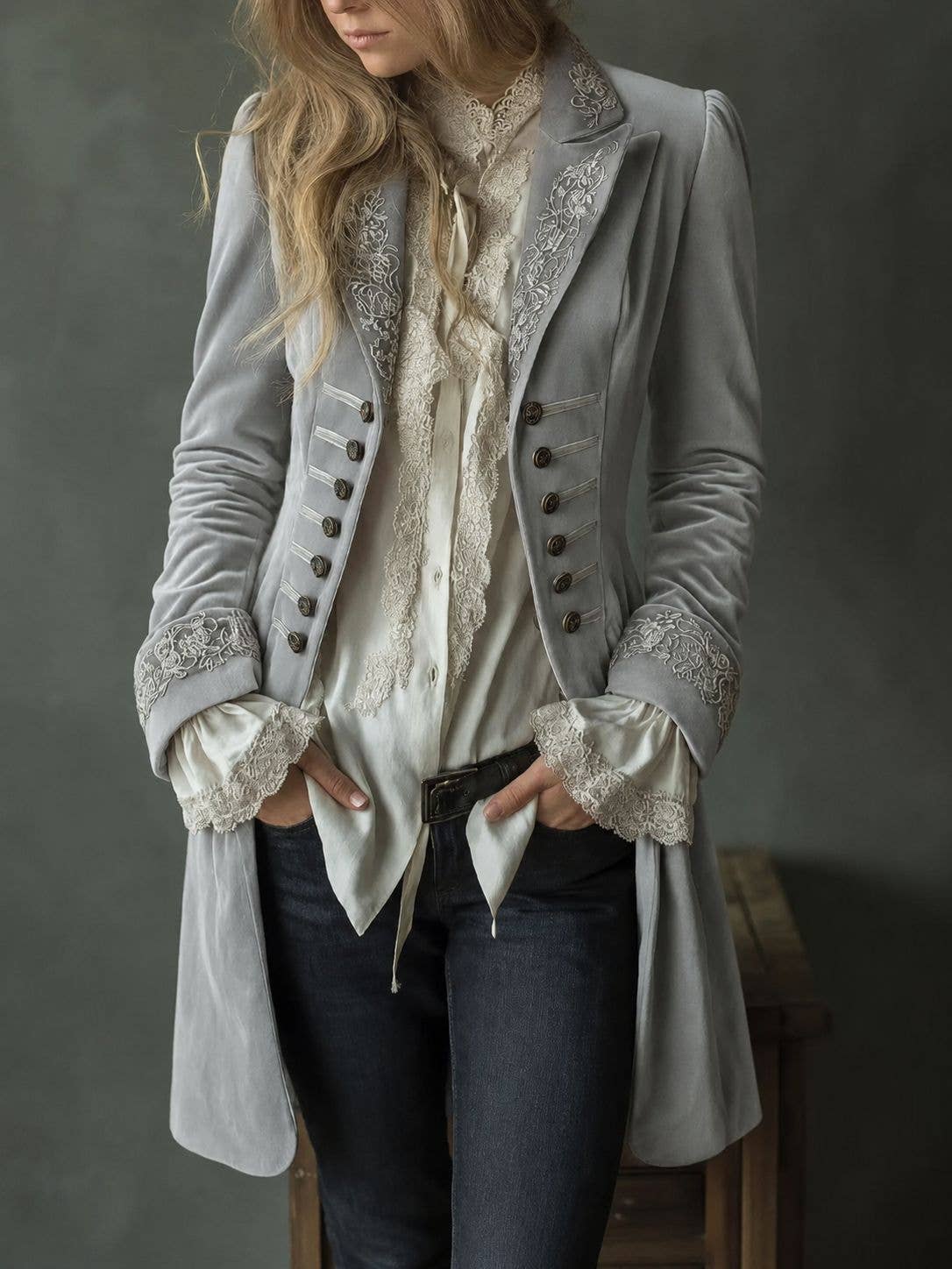 Pink Embroidered Velvet Longline Blazer