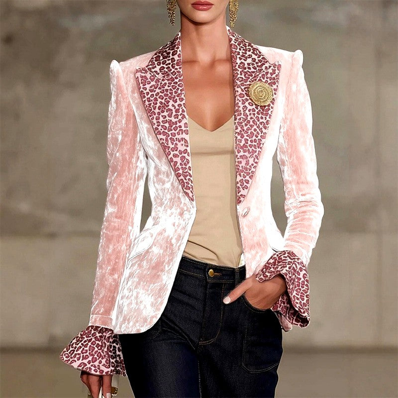Aida - Women's Velvet Leopard Trim Statement Blazer
