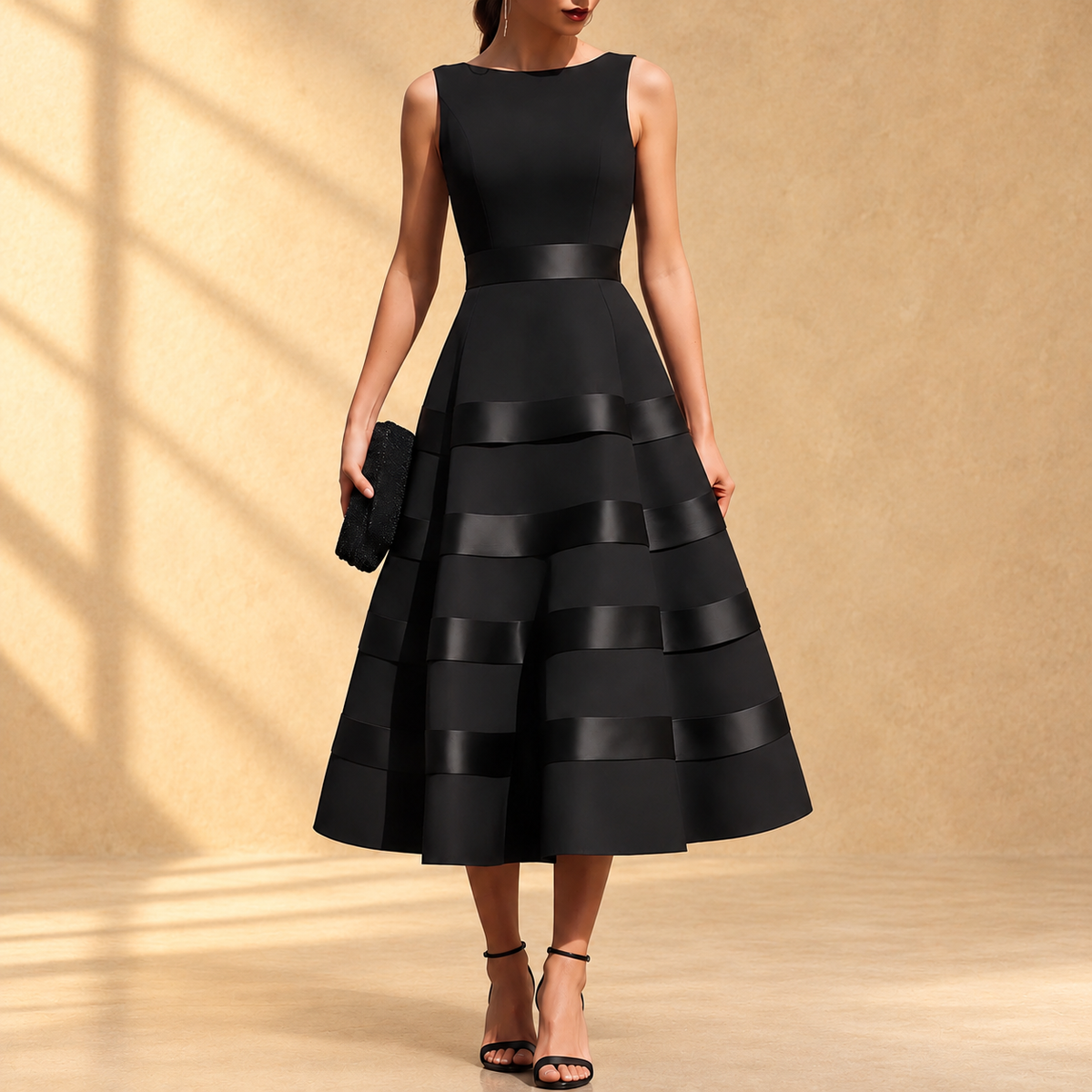 Annabella | Black sleeveless midi dress with flared skirt and defined waist
