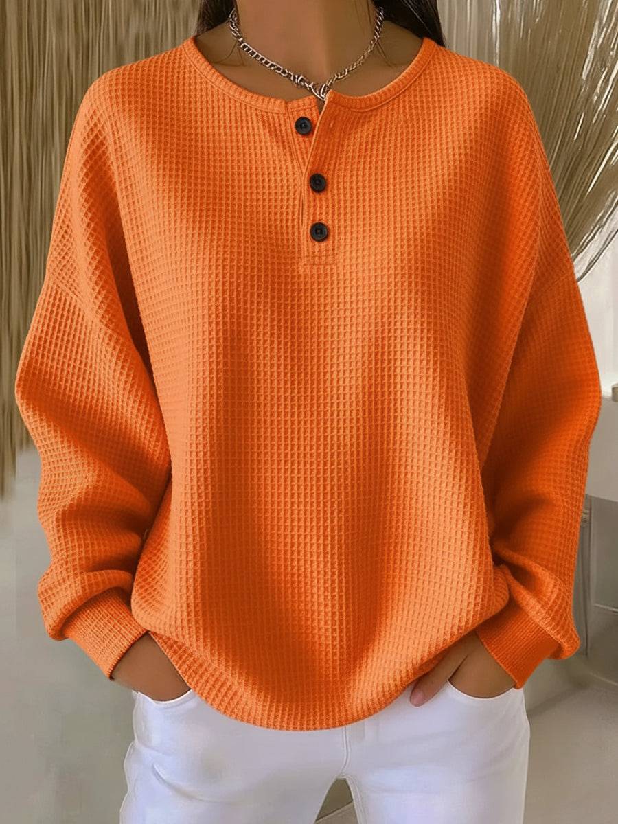 Mirabel™ Cozy Waffle Henley Sweatshirt by THE WHITMORE FAMILY, featuring a warm waffle fabric, henley neckline, and relaxed fit.