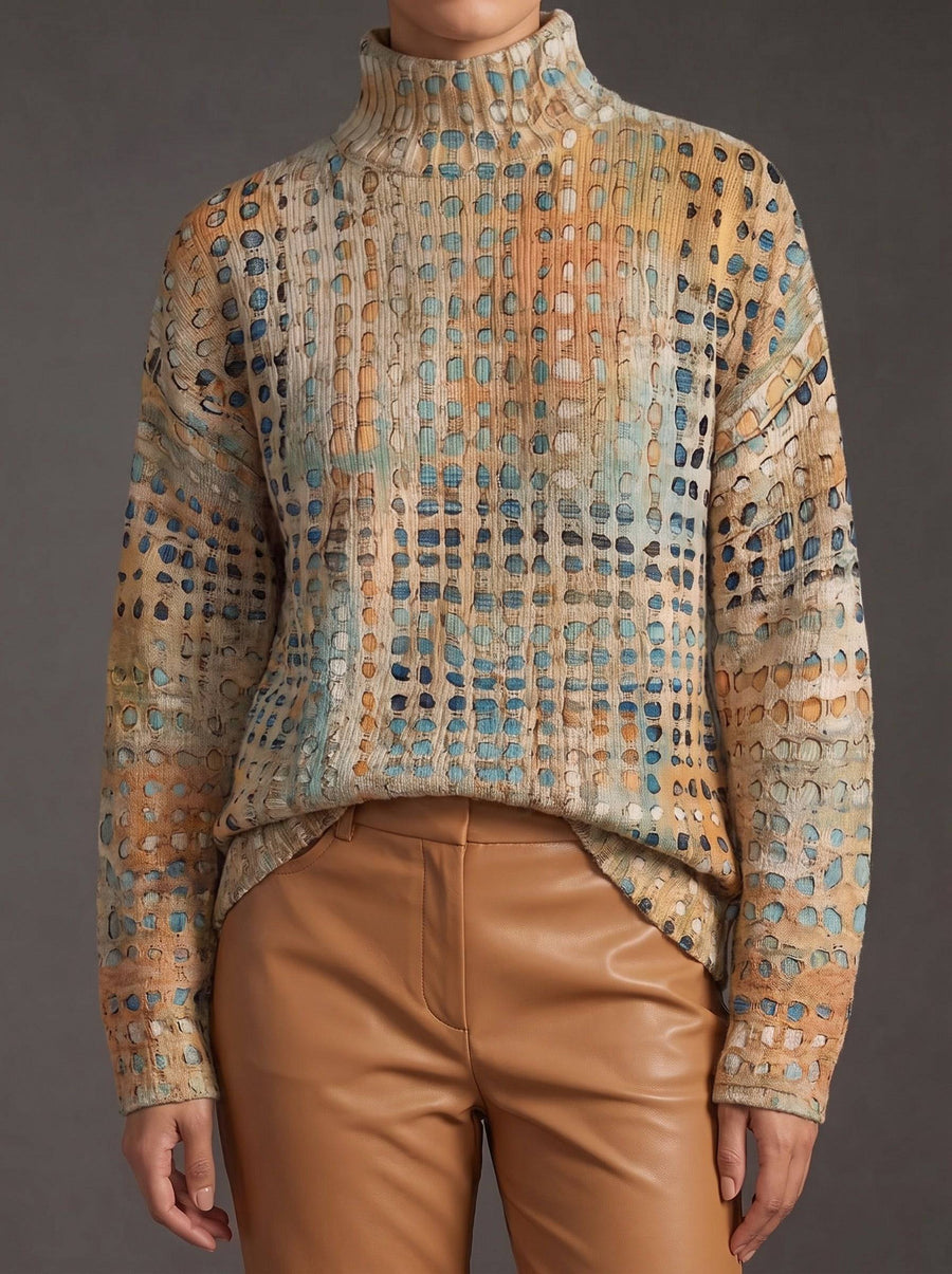 Faceless image of Bryndle™ Autumn Grid Turtleneck sweater by THE WHITMORE FAMILY, featuring a cozy, patterned knit design.