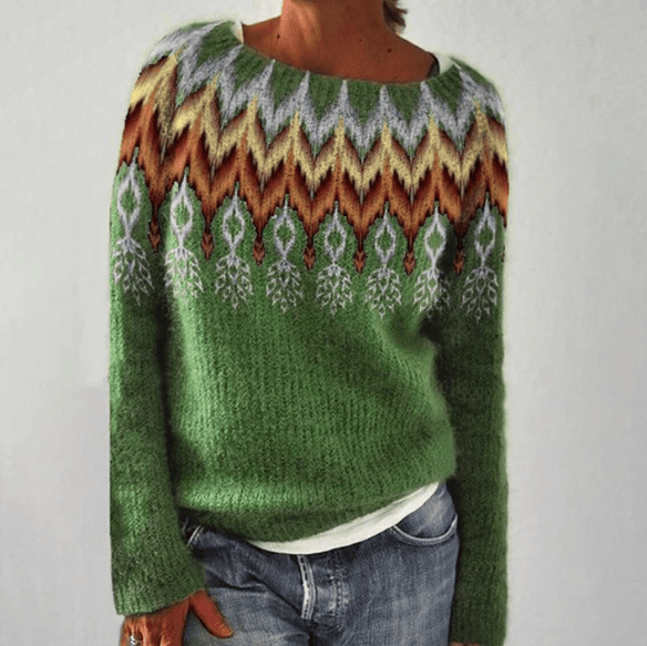 Scandinavian knitted sweater by THE WHITMORE FAMILY featuring a retro juniper pattern in earthy tones.