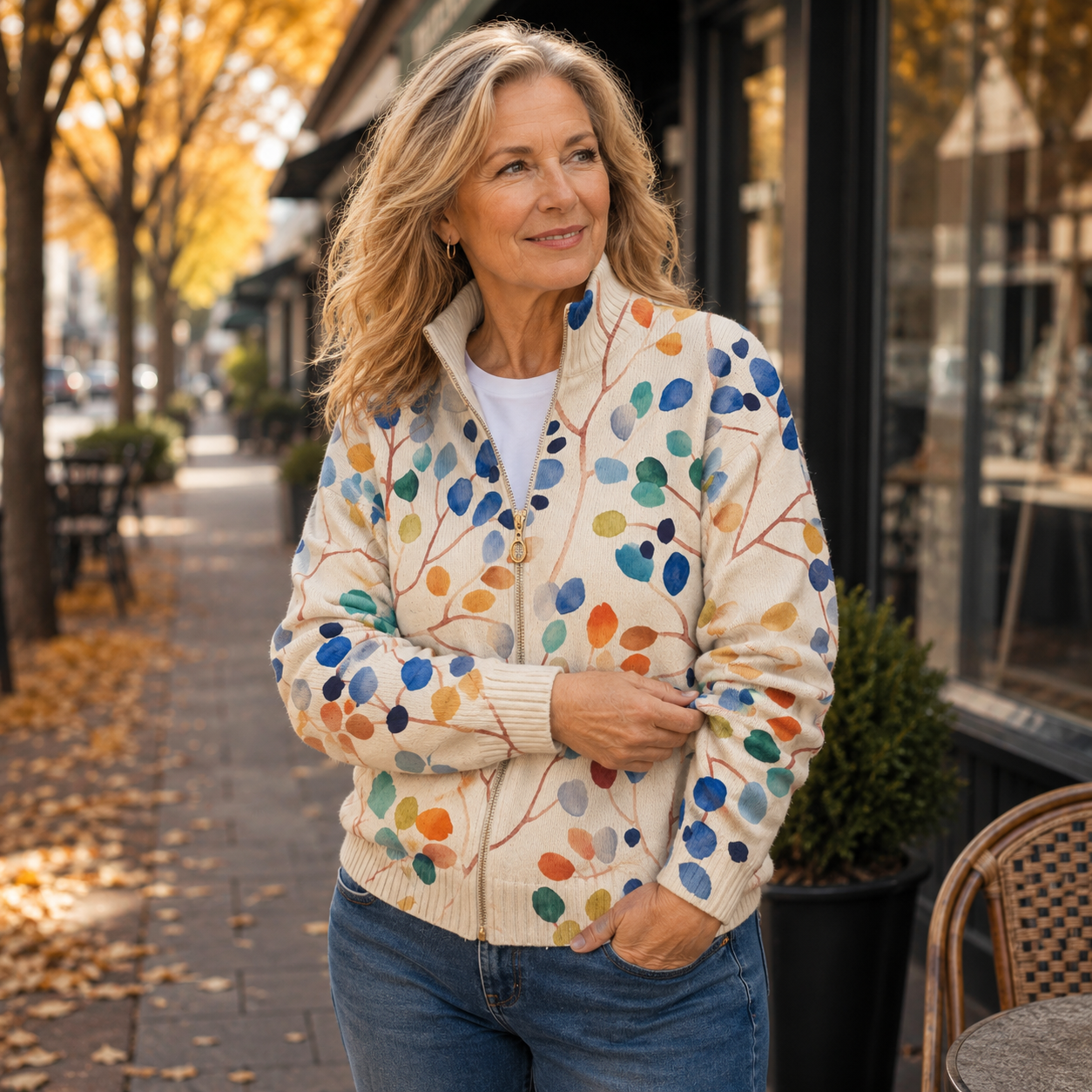 Delphine | Botanical Leaf Print Zip Cardigan