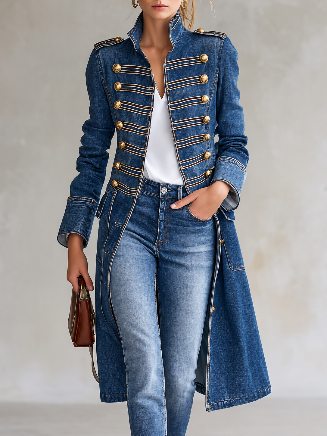 Long denim military-style coat with golden buttons