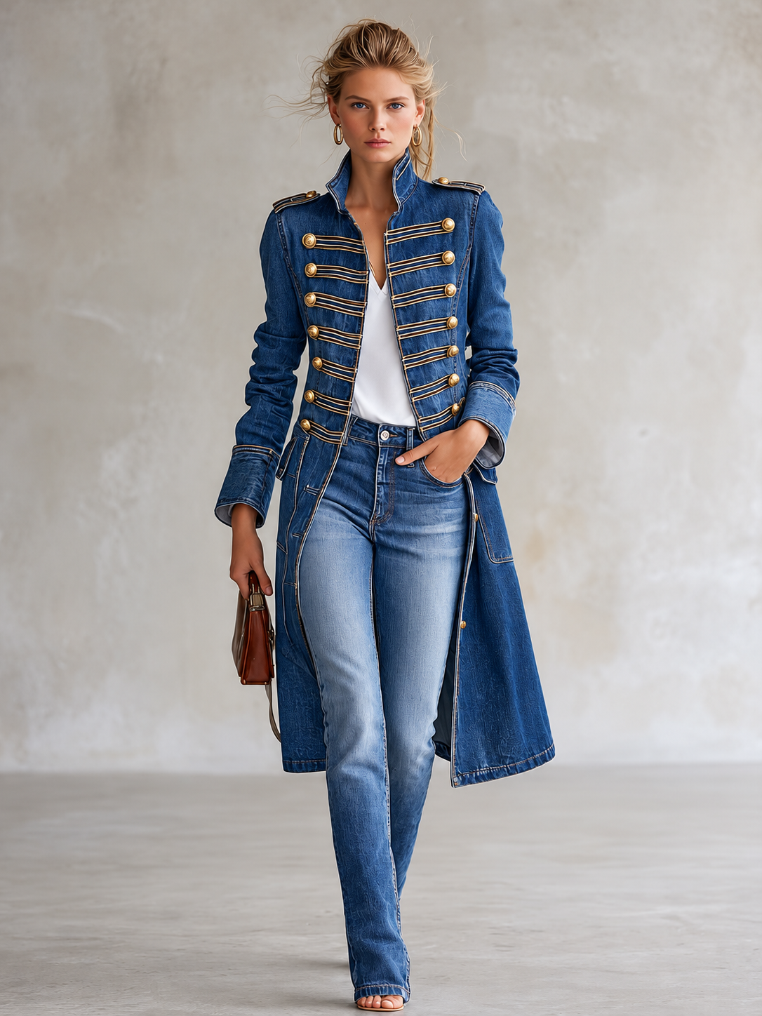 Long denim military-style coat with golden buttons