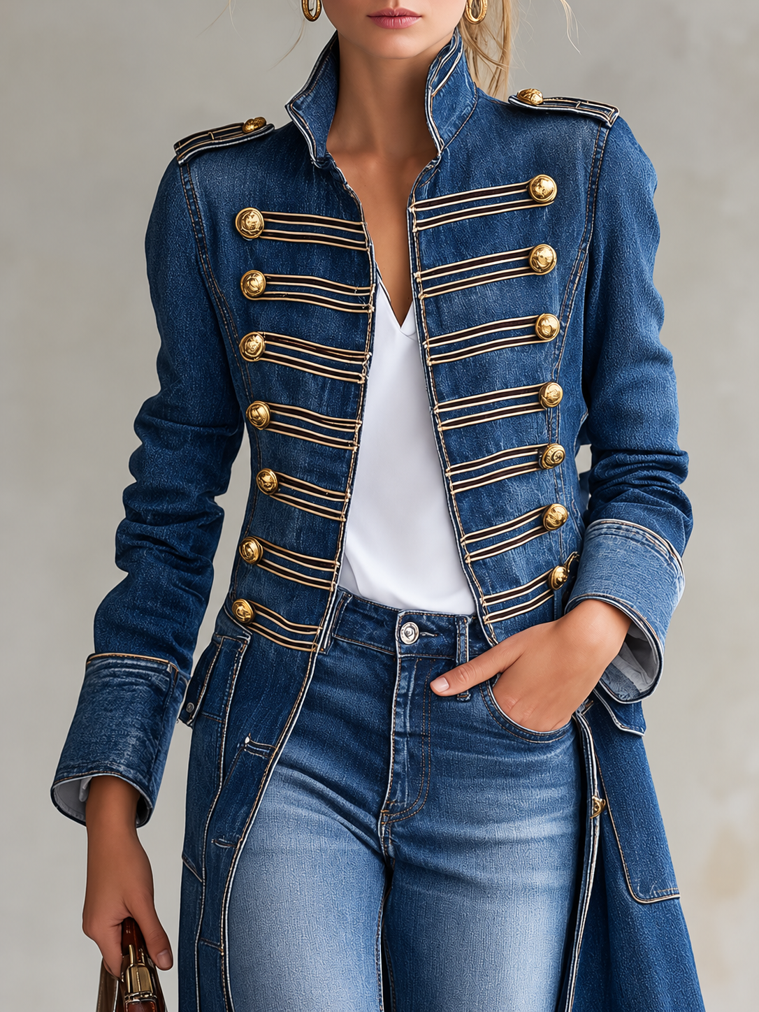 Long denim military-style coat with golden buttons