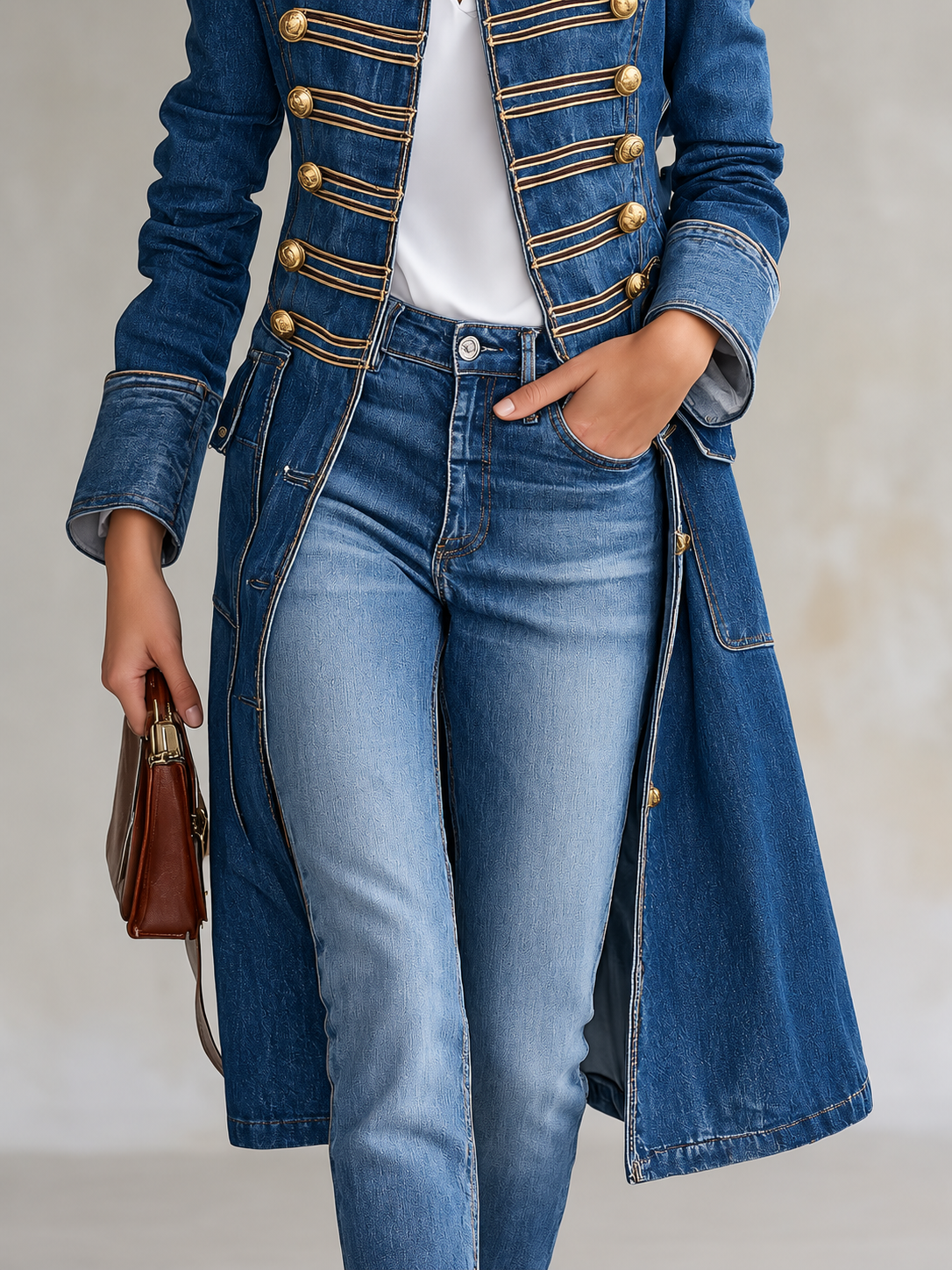Long denim military-style coat with golden buttons