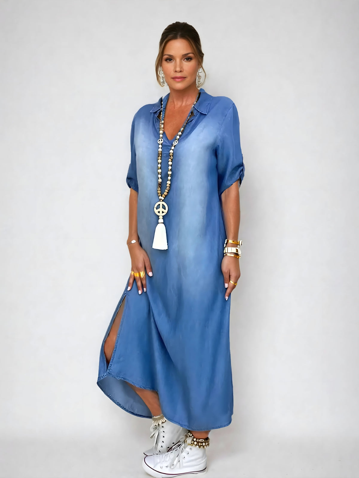 Claire | Denim Maxi Shirt Dress with Collared Neck and Short Sleeves