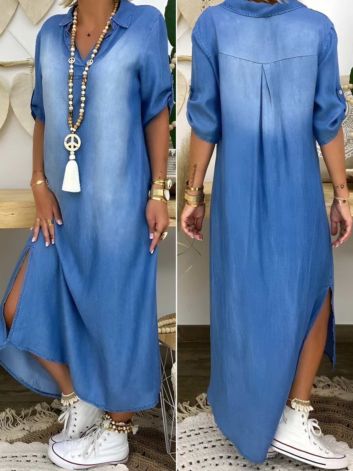 Claire | Denim Maxi Shirt Dress with Collared Neck and Short Sleeves