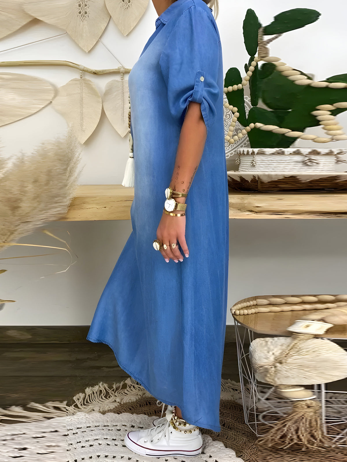 Claire | Denim Maxi Shirt Dress with Collared Neck and Short Sleeves