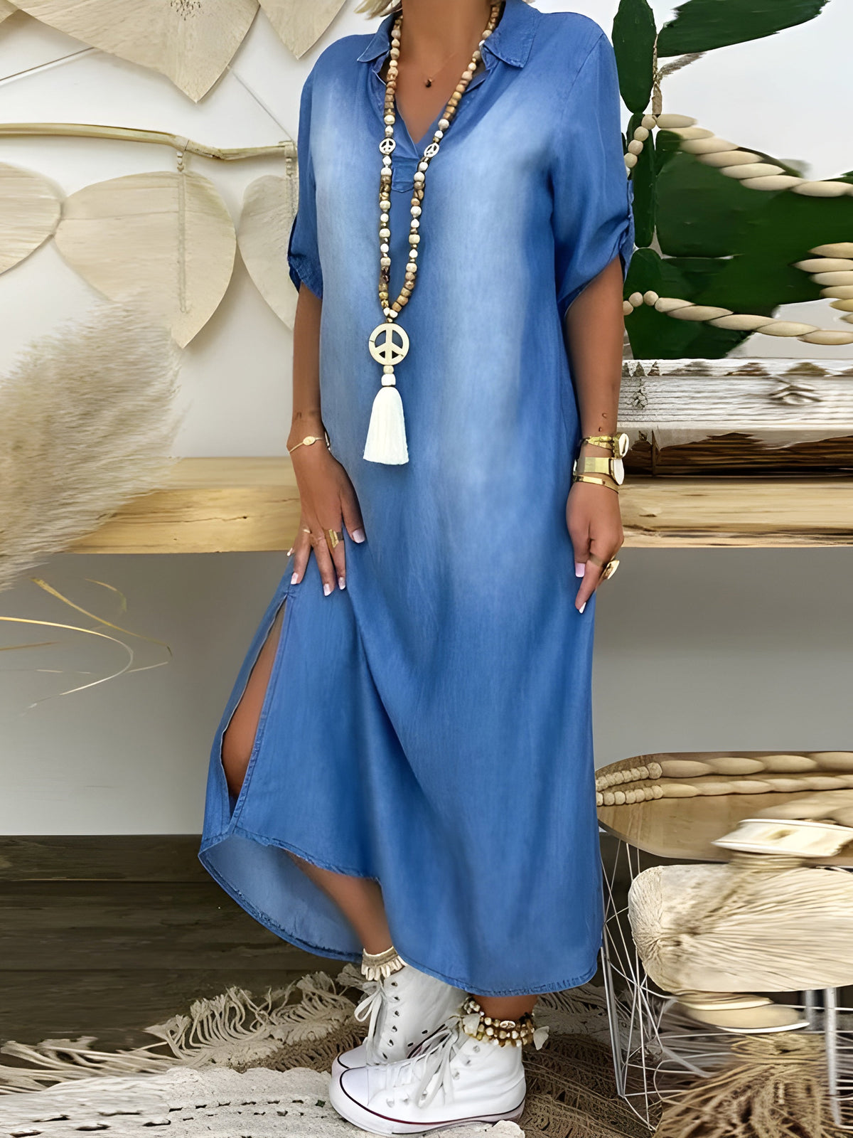 Claire | Denim Maxi Shirt Dress with Collared Neck and Short Sleeves