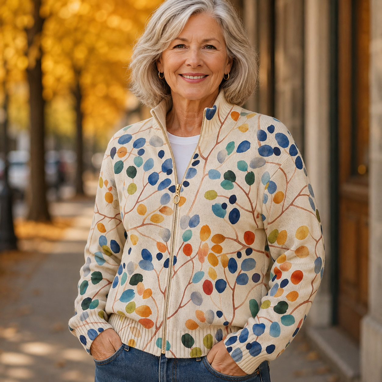 Delphine | Botanical Leaf Print Zip Cardigan